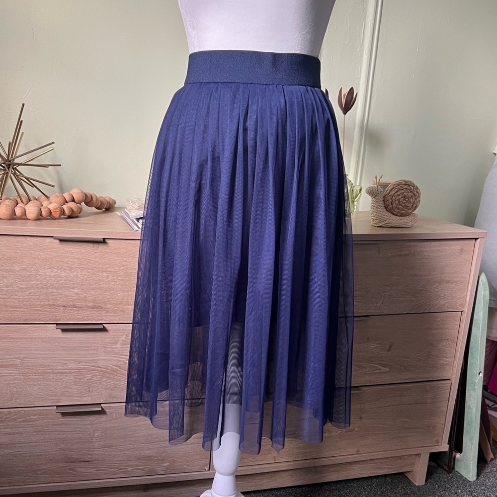 Navy Blue Modest Layered Pleated Highwaist Mesh Tutu Midi Knee-Length Skirt XS-S